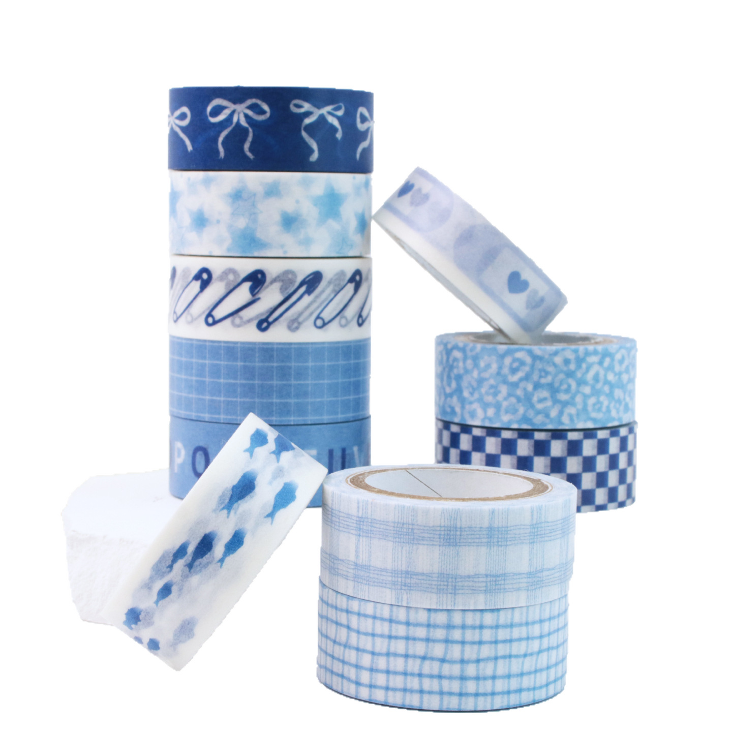 Sal y cinta adhesiva de papel, pegatinas decorativas de cuentas azules, estilo japonés simple, cinta adhesiva de embalaje de collage creativo