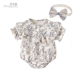 Summer New Pure Cotton Baby Girl Climbing Suit Chinese Style Ink Painting Hatshirt Newborn Short-sleeved Class A Baby Wrap Fart Clothes