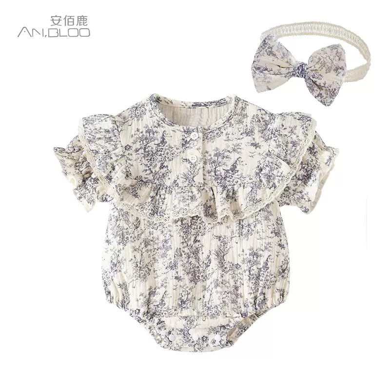 夏季新款纯棉女宝宝爬服 中国风水墨画哈衣新生短袖A类婴儿包屁衣