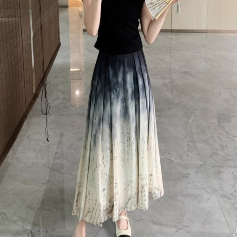 韓国の夏の新しい中国風のバタフライバックルスリム半袖トップ+水墨画スカートスーツ女性と路|undefined