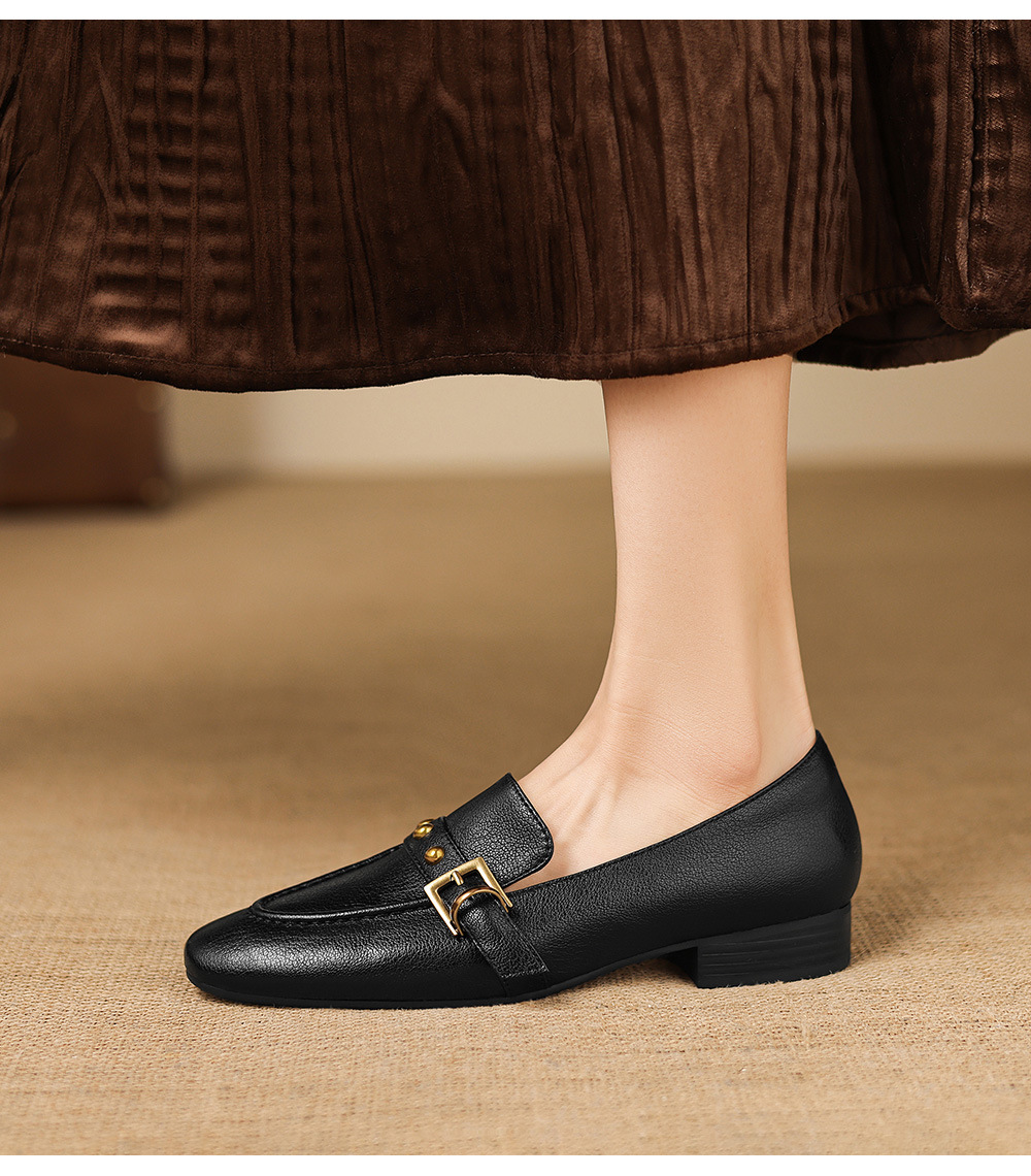 Giày da cừu loafer nữ mũi tròn gót thấp đinh tán — đen chi tiết 21