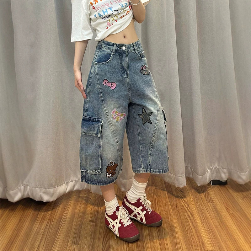 Trendy Carp-Themed Cute Kt Cat Patch Embroidery Workwear Denim Shorts for Women, Summer 2026, Multi-Pocket Trendy Carp-Themed Cute Kt Cat Patch Embroidery Workwear Denim Shorts for Women, Summer 2026, Multi-Pocket