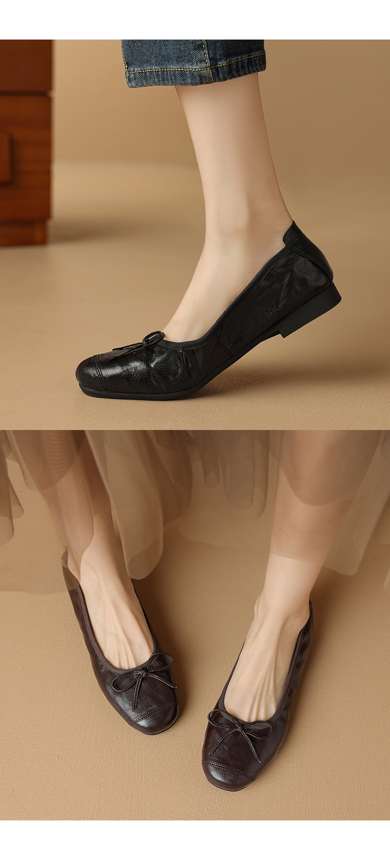Giày ballet nữ mũi tròn đế bệt da cừu mềm nơ bướm — Màu nâu chi tiết 14