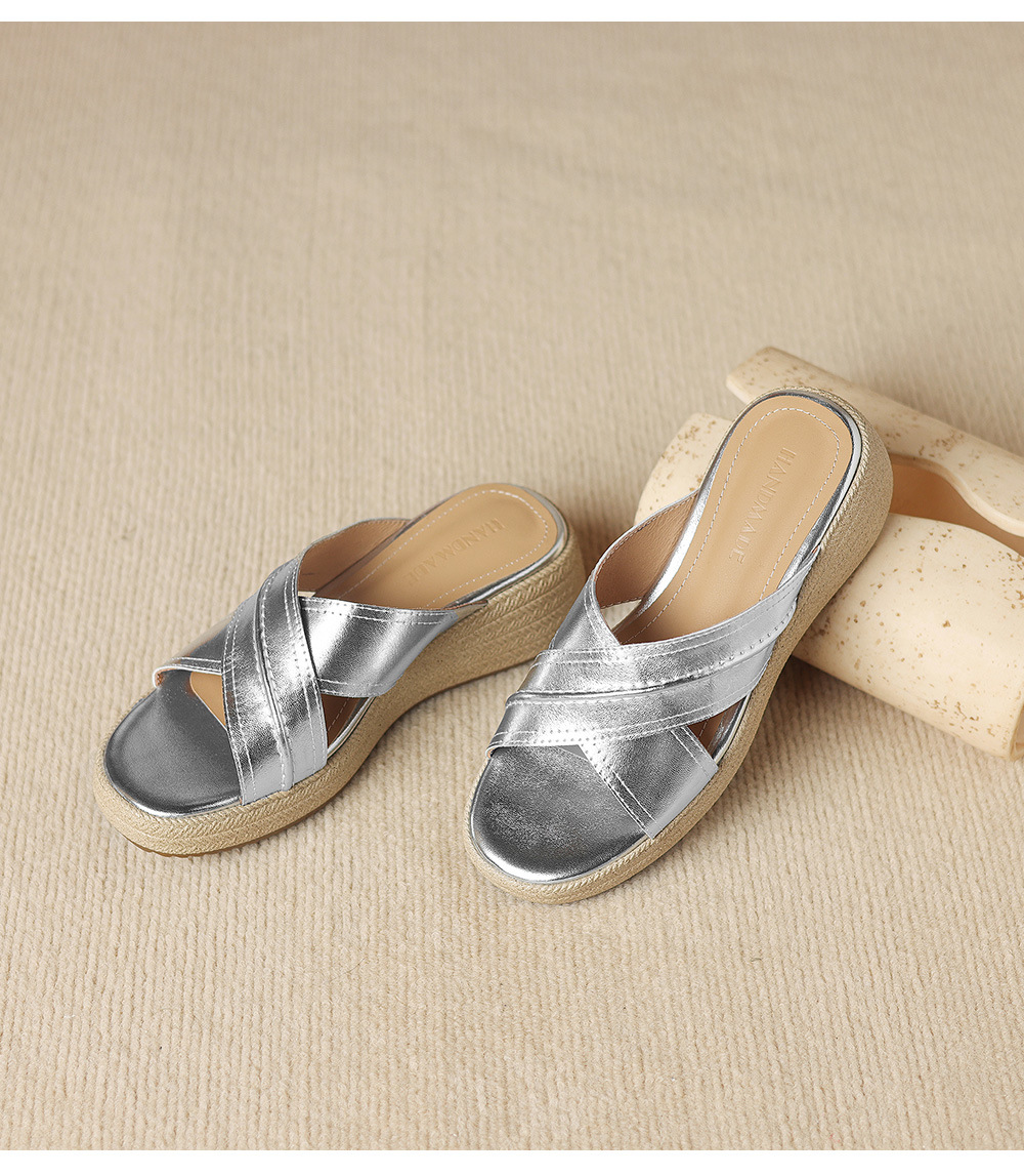 Dép sandal nữ quai chéo hở ngón đế dày da cừu — màu trắng ngà chi tiết 26