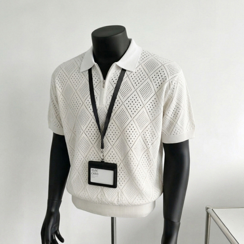Men's Business Casual Short Sleeve Polo Shirt Summer Old Fashioned Hollow Knitwear Thin T-Shirt for Men_viptrois.com