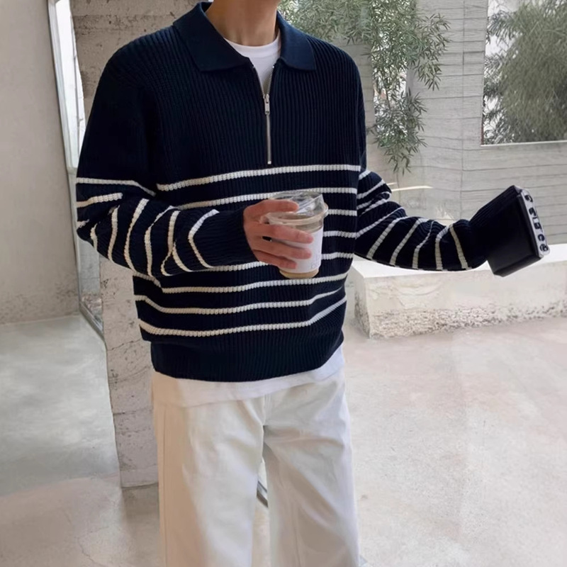 Men's Sweater Autumn and Winter Half-Turtleneck Zipper Sweater Men's Loose Large Size Casual Striped Outerwear Knitwear for Men Men's Sweater Autumn and Winter Half-Turtleneck Zipper Sweater Men's Loose Large Size Casual Striped Outerwear Knitwear for Men