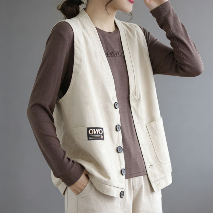 Casual estilo japonés chaleco de lino de verano delgado suelto chaleco de botón de cuello en V simple chaleco protector solar image 8