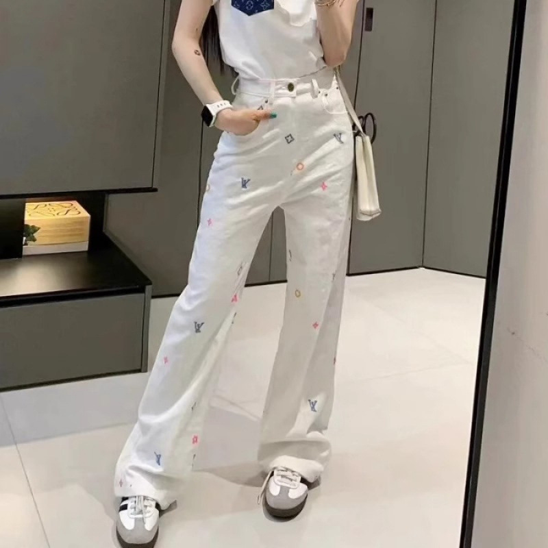 白色小香风牛仔裤女2025年秋季高腰刺绣小众设计感窄版宽松直筒裤|undefined