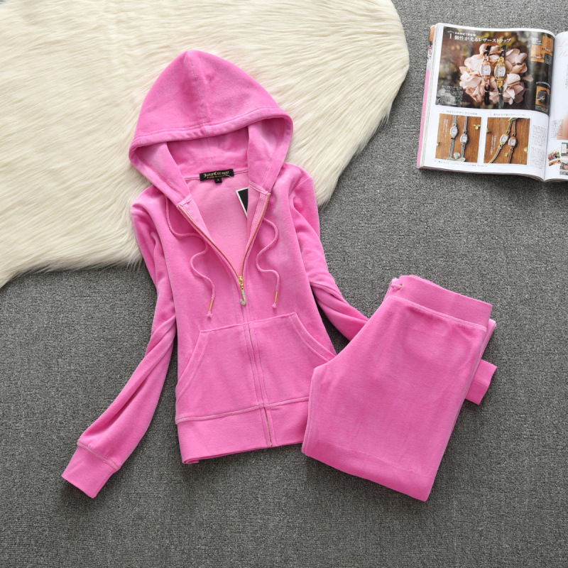 Spring and Autumn New Velvet Casual Sports Suit for Women, Solid Color Hooded Cardigan and Straight-Leg Pants, In-Stock Two-Piece Set