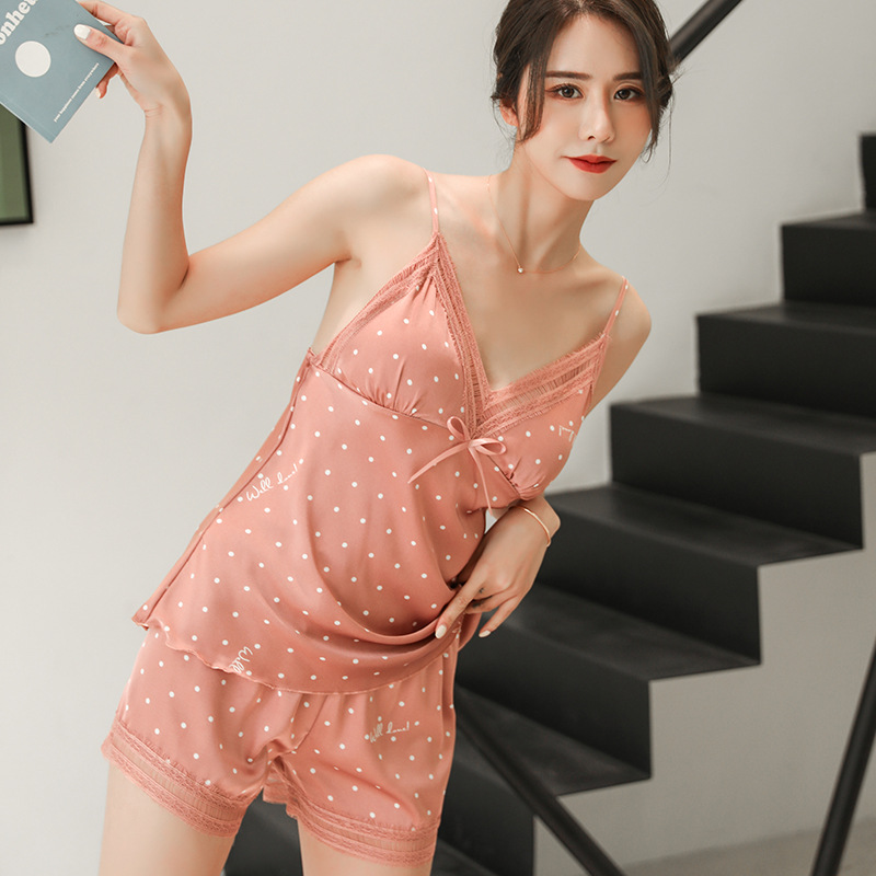 跨境爆版 春夏新款女士冰丝睡衣套装小波点性感吊带 带胸垫家居服
