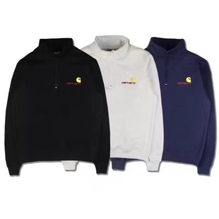 Cross-Border Foreign Trade Trendy Brand Half-Zip Sweatshirt with Velvet Embroidered Letters Loose Couple Casual Stand-Up Collar Pullover Hoodie