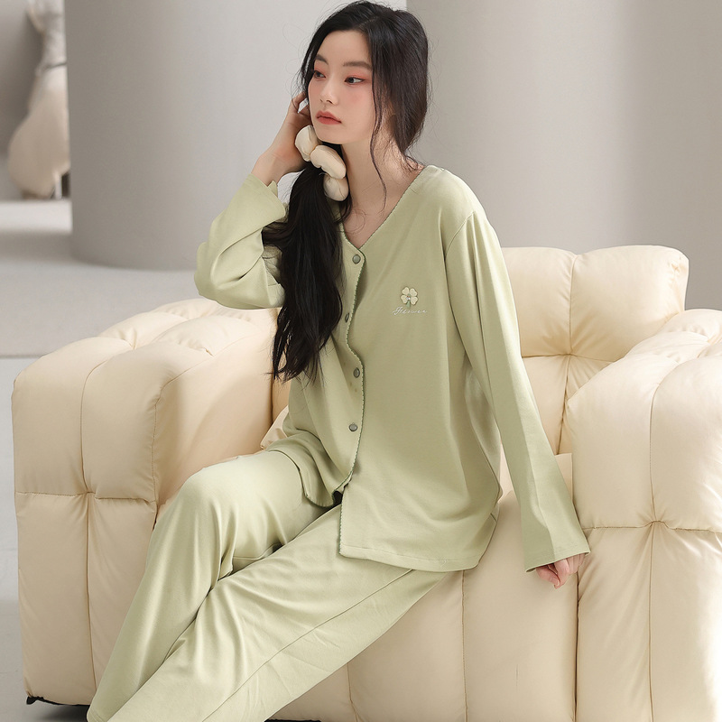 纯棉睡衣女2025新款春秋款爽棉开衫长袖简约大码家居服套装可外穿|undefined