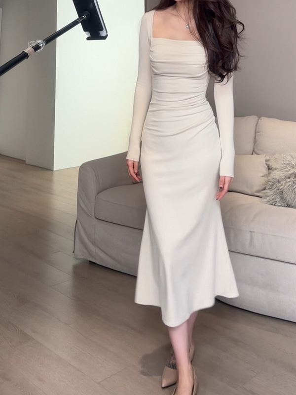 White Double-Sided Brushed Dress with Breast Pads, Women's Square Neck Pleated Long Skirt, Waist-Cinching Fishtail Skirt White Double-Sided Brushed Dress with Breast Pads, Women's Square Neck Pleated Long Skirt, Waist-Cinching Fishtail Skirt