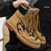大黄靴2025新款男士靴子秋季潮流时尚高帮小众印花马丁靴男士鞋子