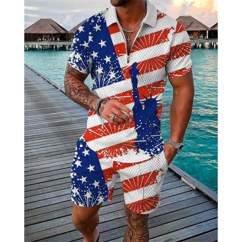 2024 クロスボーダーヨーロッパとアメリカの紳士服新しい独立したステーション供給カジュアルコントラストカラーポロジッパーラペルシャツ半袖スーツ|undefined