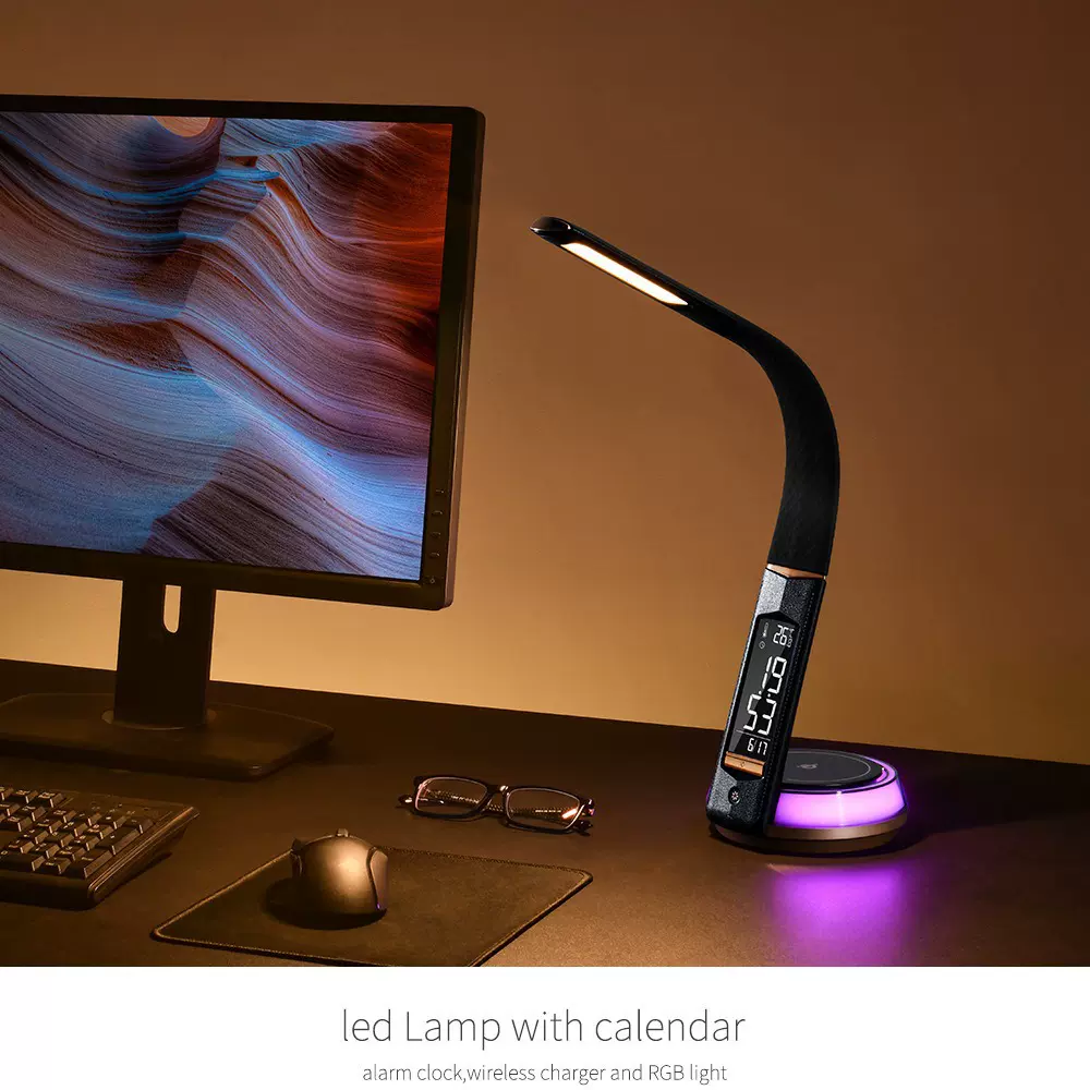 创意无线充led台灯办公室书桌液晶屏带时间多功能护眼阅读小夜灯