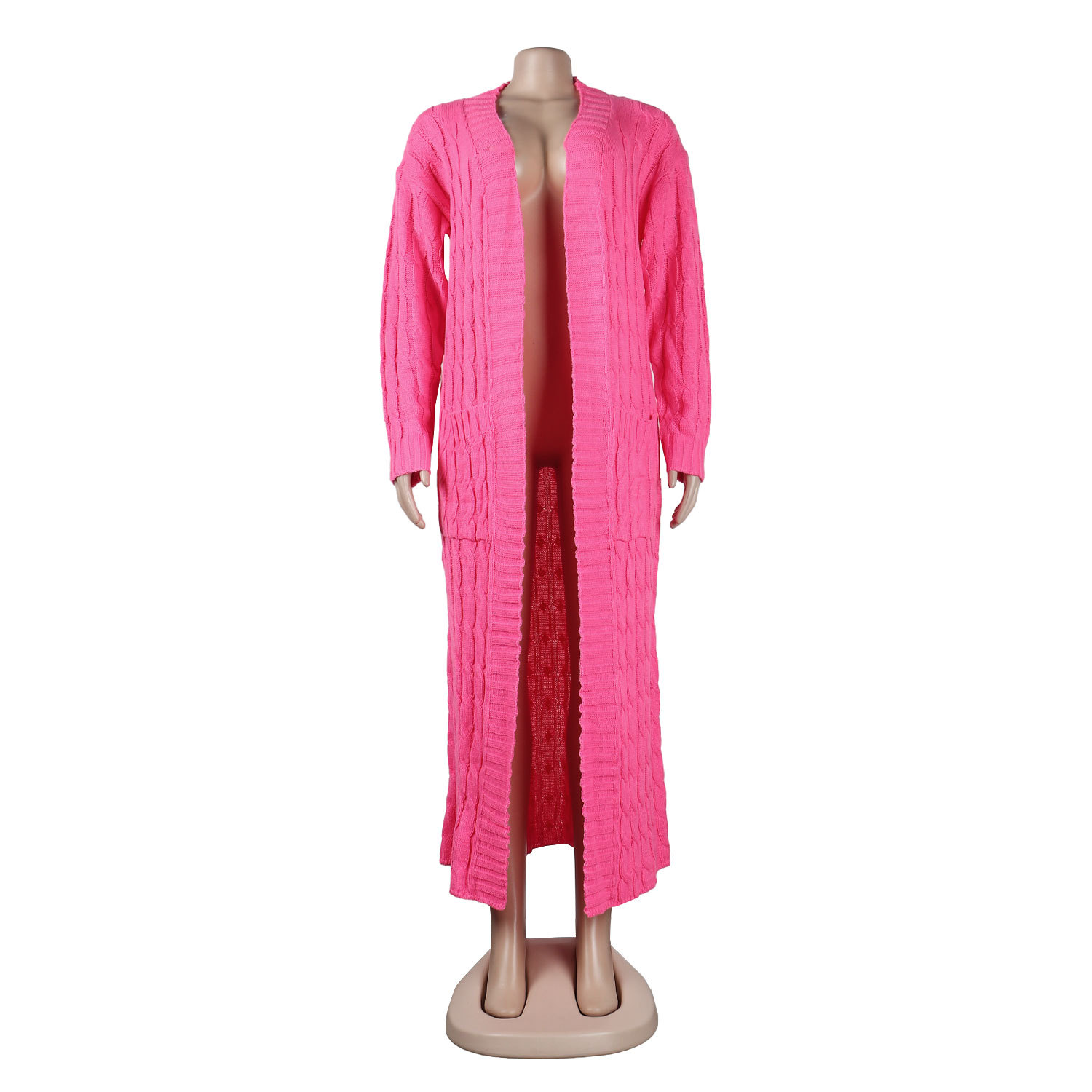 Damen Strickjacke Lang Aus Grobstrick In Unifarben Wintermantel_voghion.com