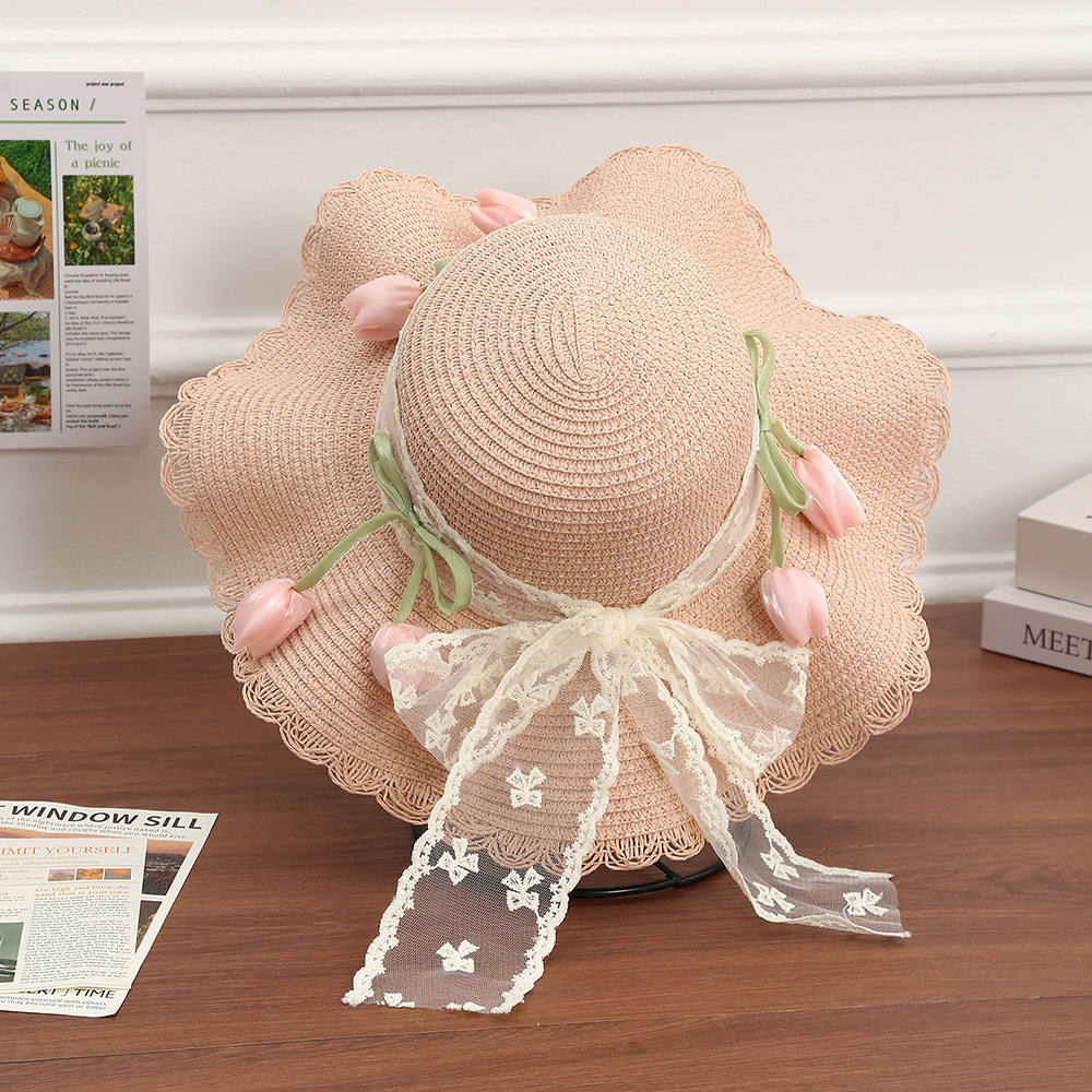 Sombrero de paja con lazo – estilo veraniego, ala ancha, para playa o vacaciones al aire libre