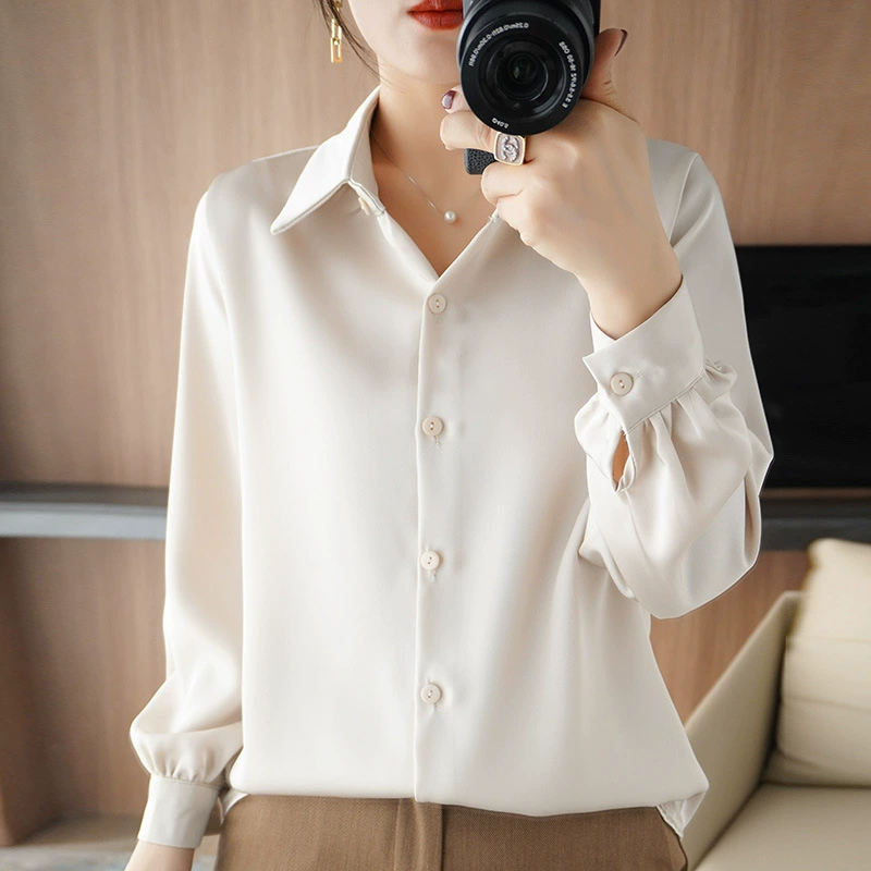 2024 весна и лето новая женская атласная рубашка темперамент с длинными рукавами POLO воротник профессионал высокого класса с диким дном рубашка