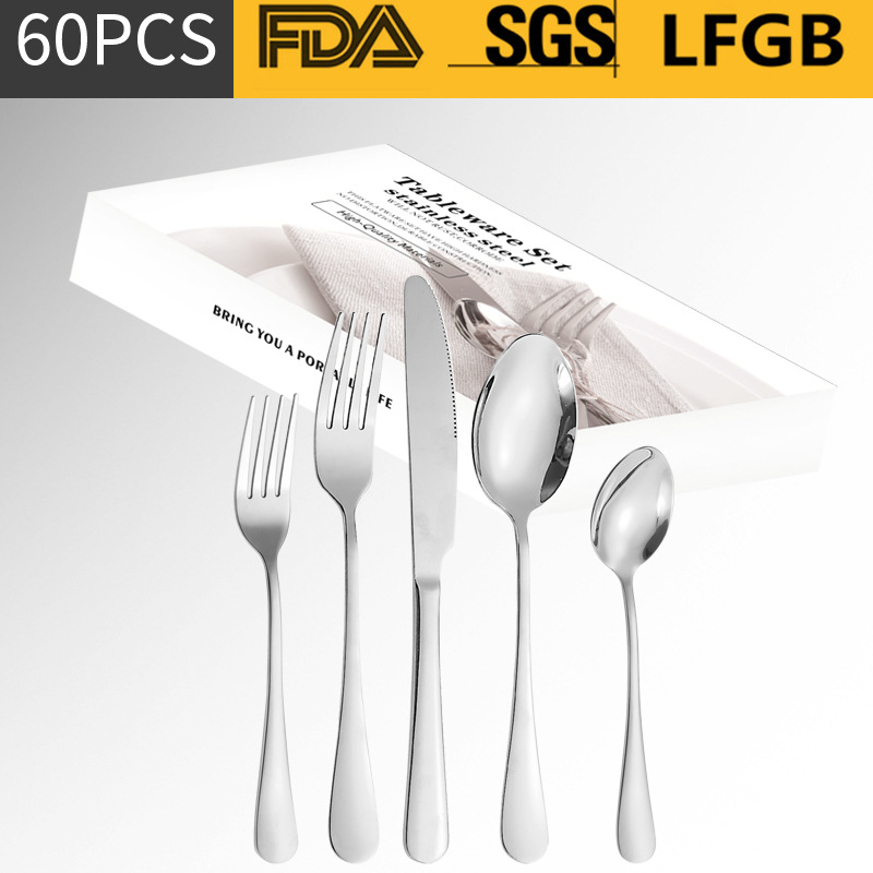 Amazon Venta caliente vajilla de acero inoxidable 20/40/60 unidades conjunto 1010 serie 5 piezas principales caja simple cuchillo, tenedor y cuchara traje