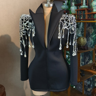 Suit Suit Performance Suit Nightclub Bar Women's Beaded Diamond Outer Shoulder Suit Full Diamond Sequins Long Sleeve Singer Dance Team