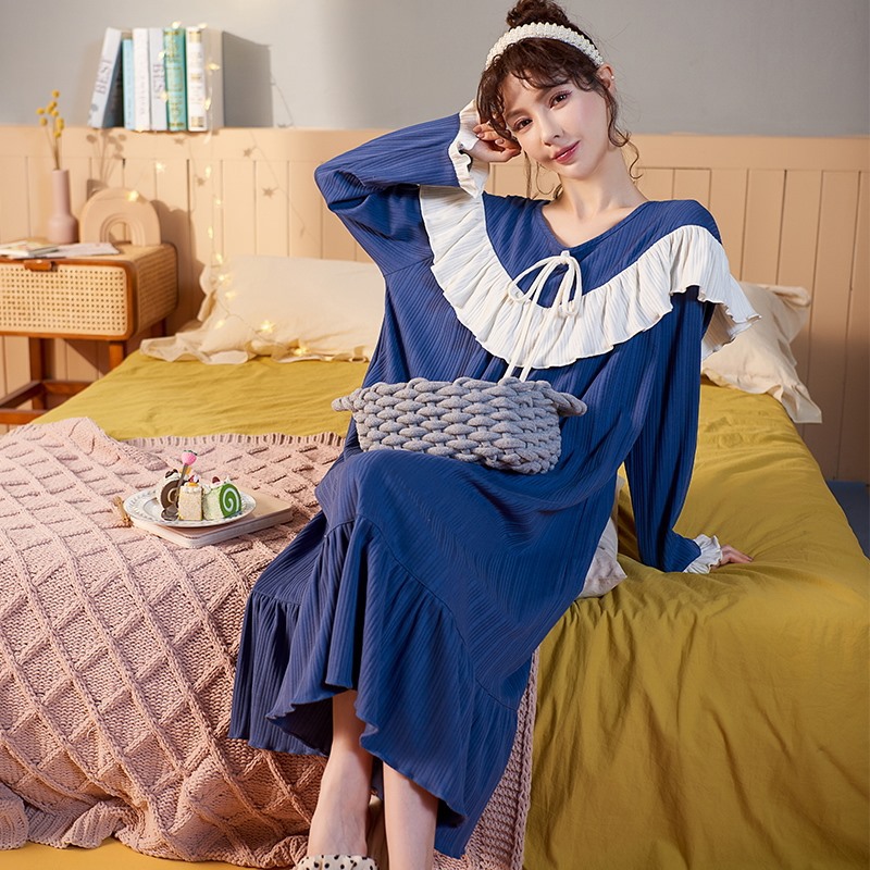 2022 primavera y otoño nuevo camisón de las mujeres de manga larga Linda dulce chica suelta pijamas princesa estilo vestido largo desgaste del hogar