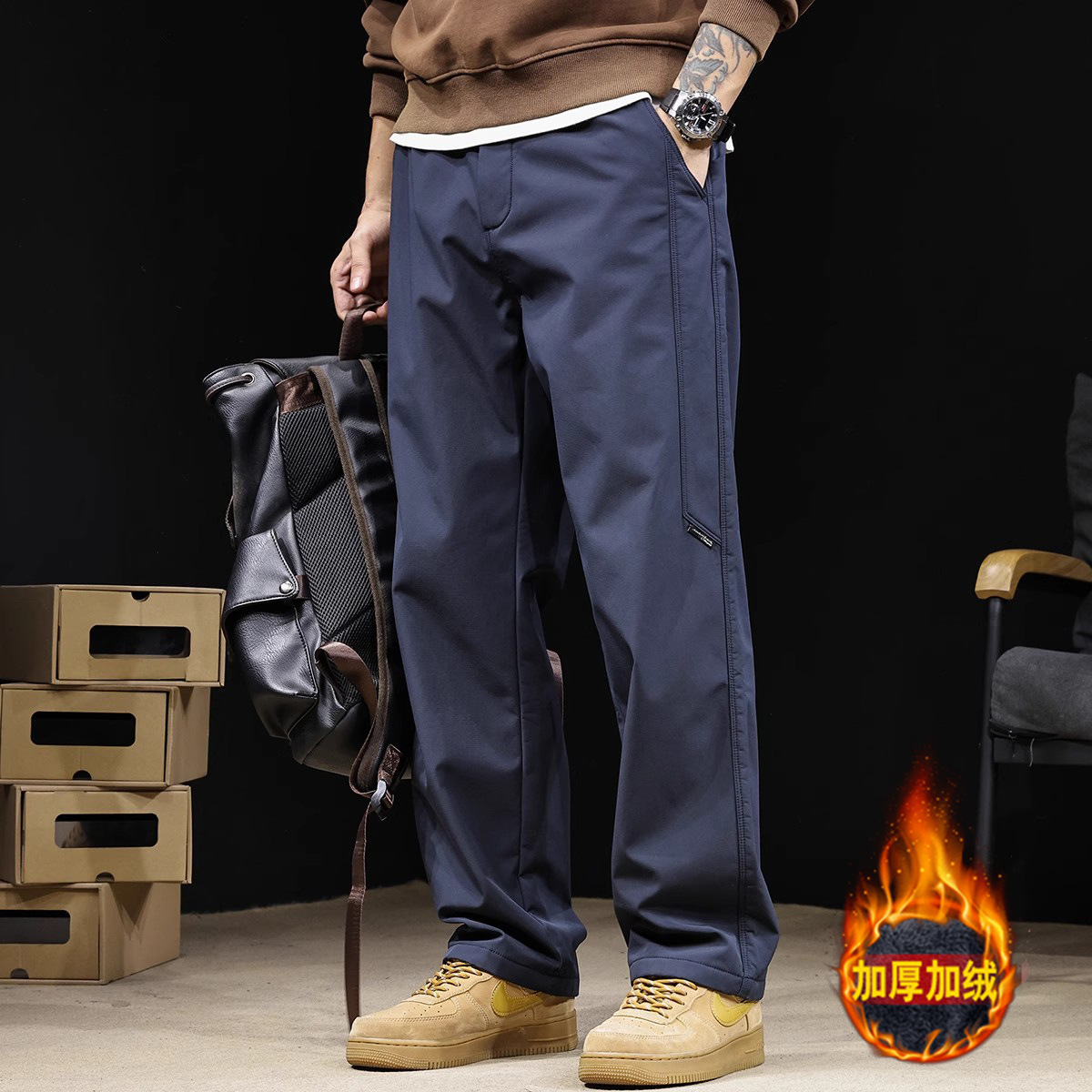 Men's Loose Straight Leg Solid Color Casual Pants for Spring, Autumn and Winter, Heavyweight Fleece Lined Sweatpants, Trendy Business Windproof Long Pants