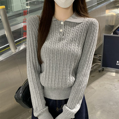 老钱风polo翻领麻花针织衫女春秋新款小个子正肩时髦上衣复古毛衣