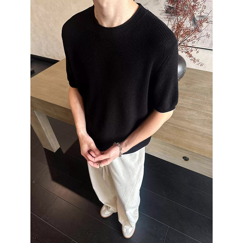 Camisa de punto de manga corta hombre cuello redondo hueco seda de hielo transpirable verano viejo estilo de negocios de color sólido en la fábrica transfronteriza al por mayor