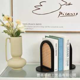 实木桌面书立架简约小书架藤编镂空办公室书挡架木质书桌书靠架