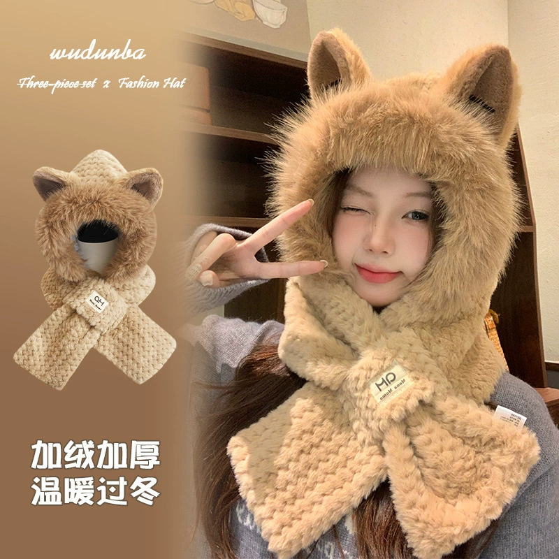 Лиса уша шапка шарф одна шапка женский зимний милый плюшевый плюс плюшевый толстый, теплый и нагрудник набор из двух частей