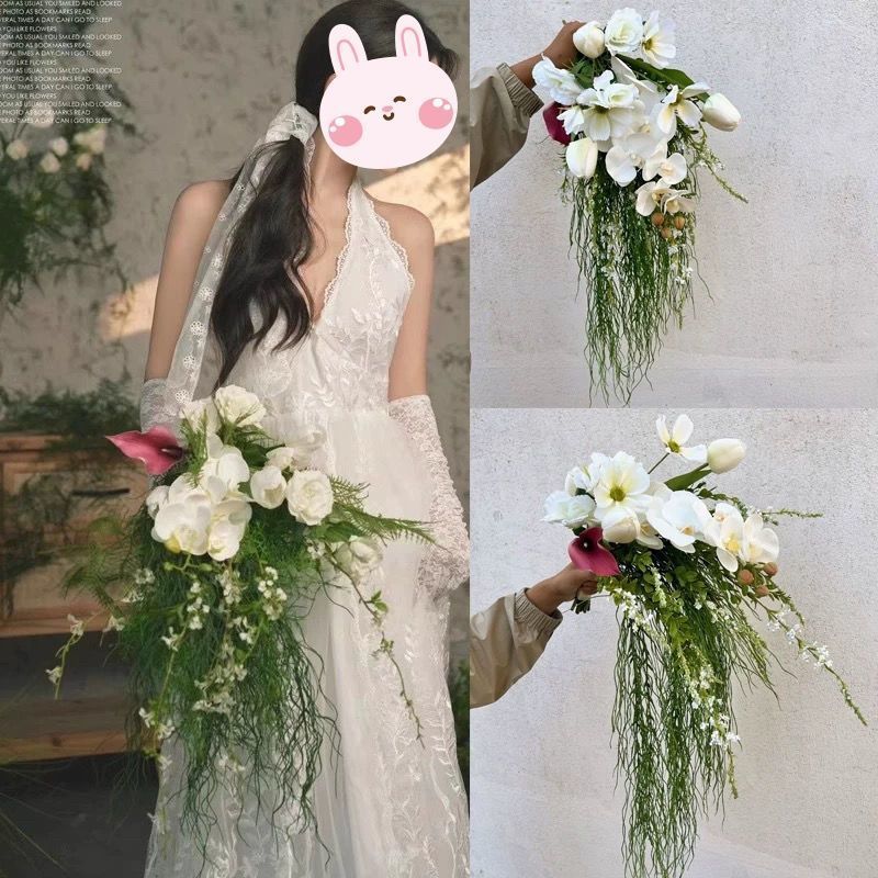 フォレストスタイル旅行写真ガーデンスタイル結婚式の写真撮影の小道具美的写真結婚式の滝水滴シミュレーション花嫁の花束|undefined