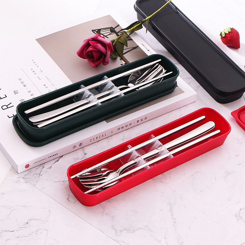 304 stainless steel portable tableware three-piece set chopsticks spoon fork set student tableware storage box gift