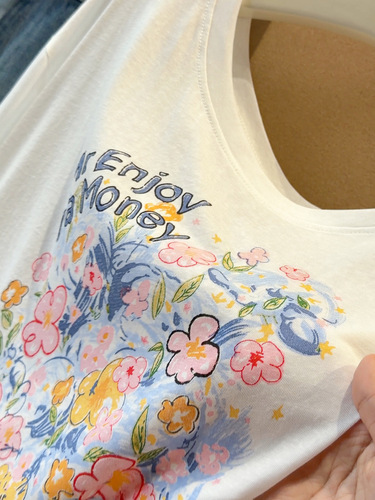White flower printed long-sleeved T-shirt for women's summer loose all-matching round neck casual lazy sun-proof blouse top