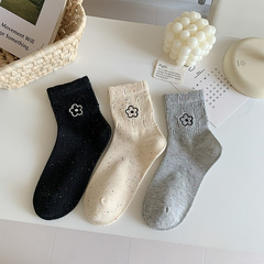 襪子女秋冬新款點子紗中筒襪破洞襪子純棉吸汗日系小花刺繡長筒襪