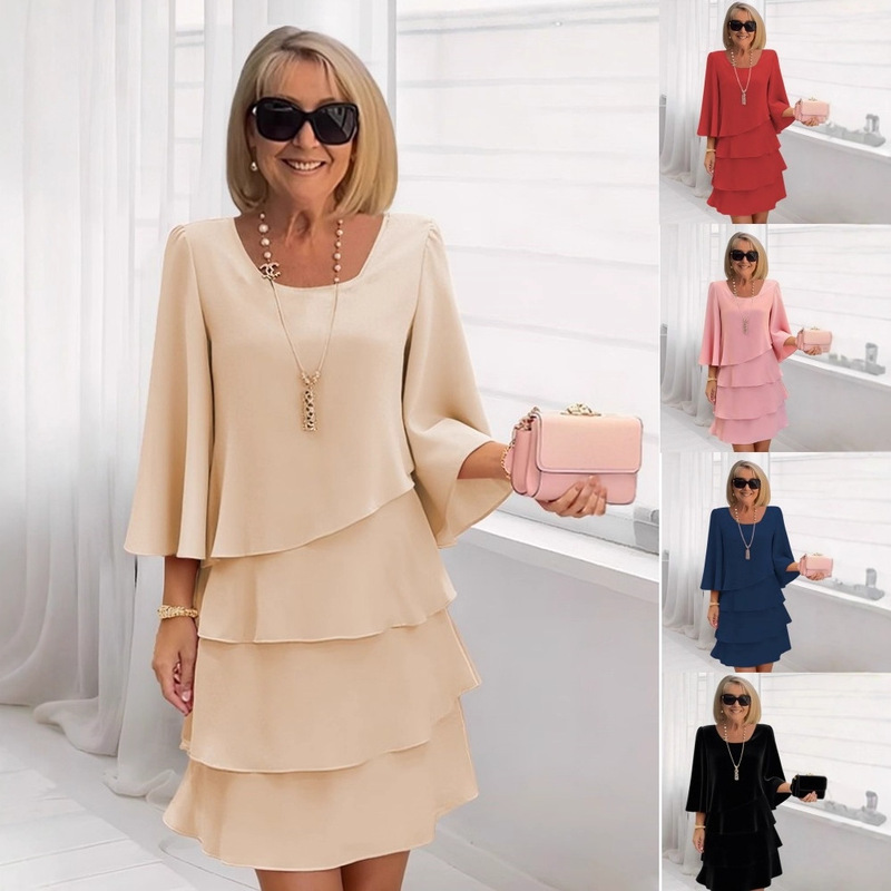 2025 Amazon Foreign Trade Spring and Summer Fashion Cake Dress Women's Temperament Loose Slim Round Neck Dress Women 2025 Amazon Foreign Trade Spring and Summer Fashion Cake Dress Women's Temperament Loose Slim Round Neck Dress Women