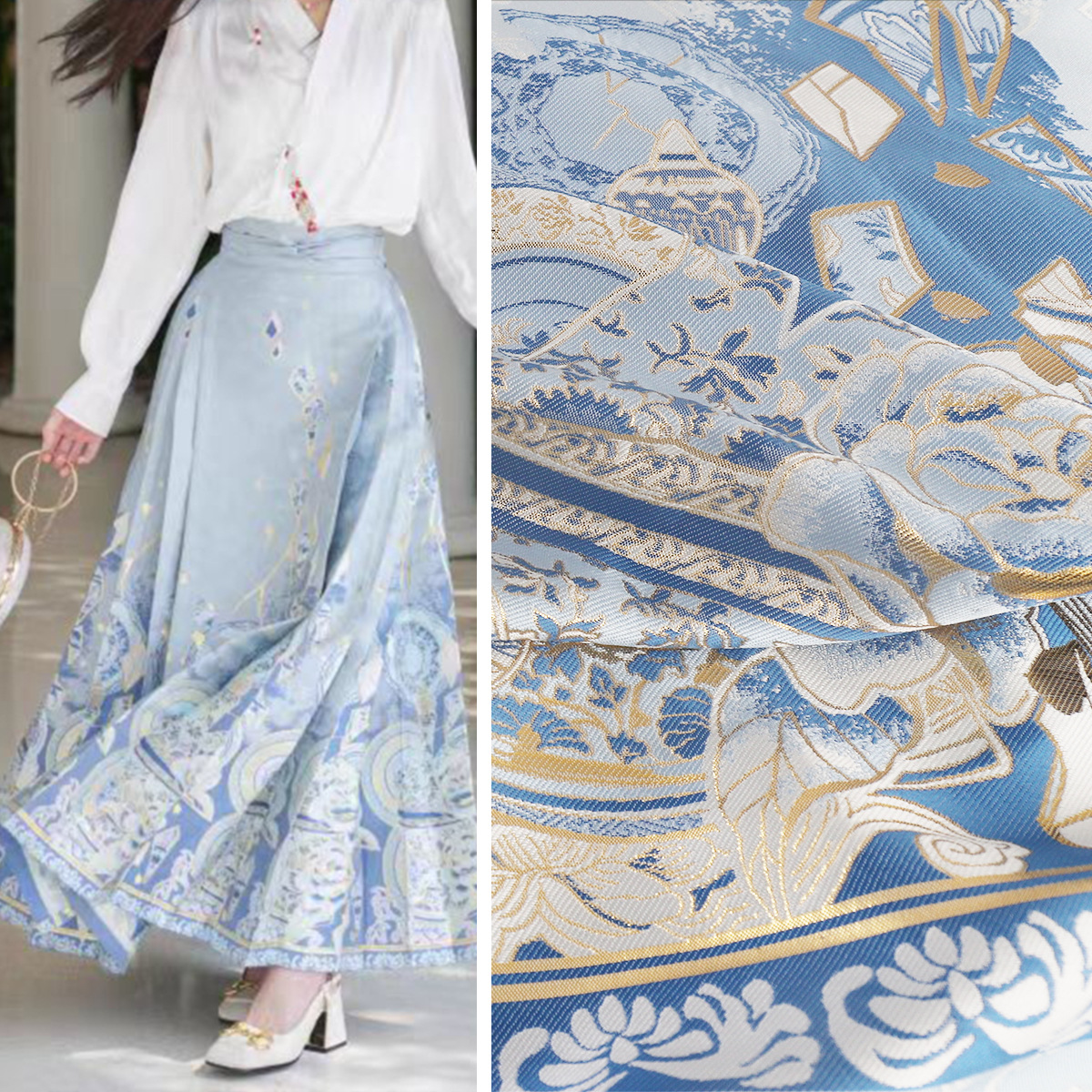 《MM040青花瓷》新款新中式马面裙提花服装面料汉服织金妆花布料