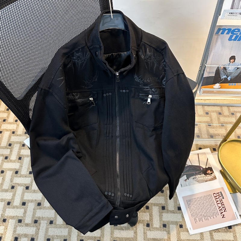 Deer Velvet High Street Thorn Embroidered Stand Collar Double Lining Motorcycle Jacket Street Handsome Loose Hip-Hop Jacket for Men