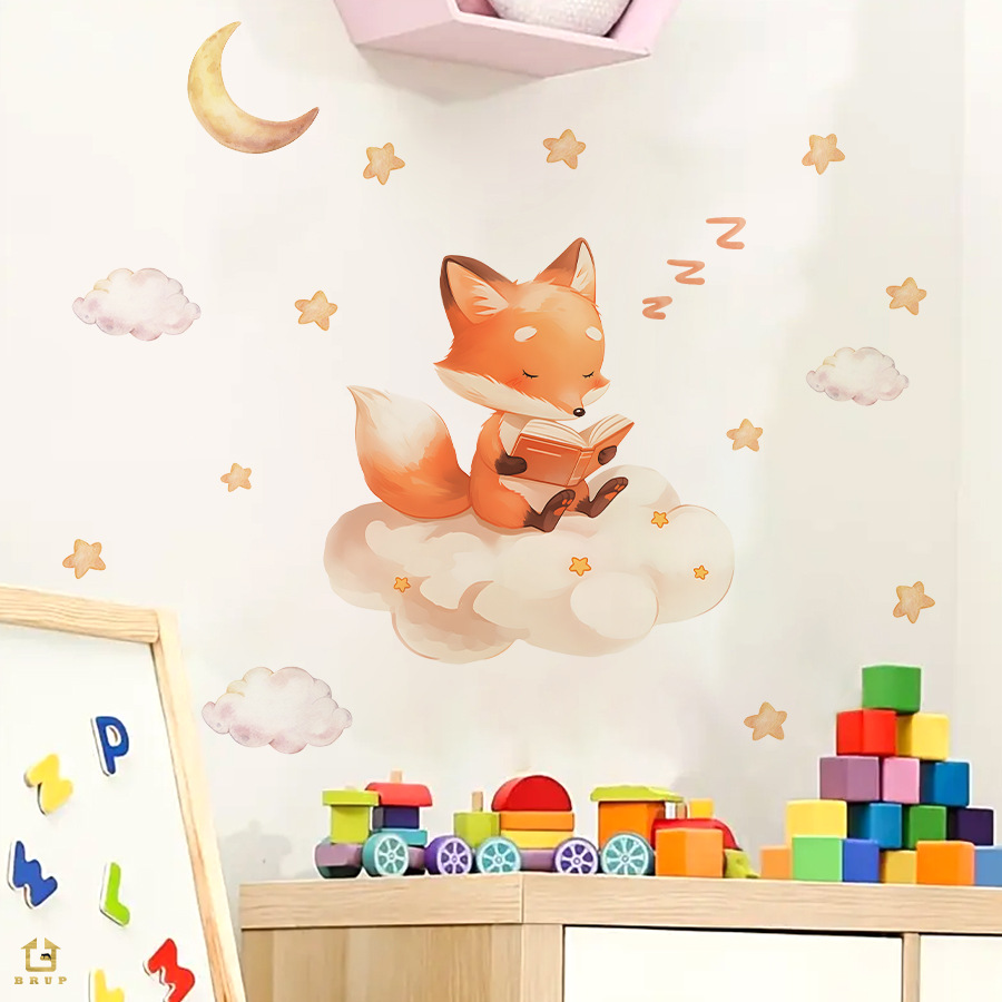 Hs1271Q Little Fox Tells Bedtime Stories Starry Sky Moon Self-Adhesive Wall Stickers Kidsren's Room Wall Stickers Decorative Stickers
