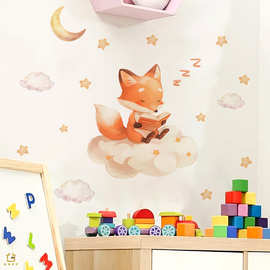 HS1271Q小狐狸讲睡前故事星空月亮自粘墙贴儿童房墙贴画装饰贴纸