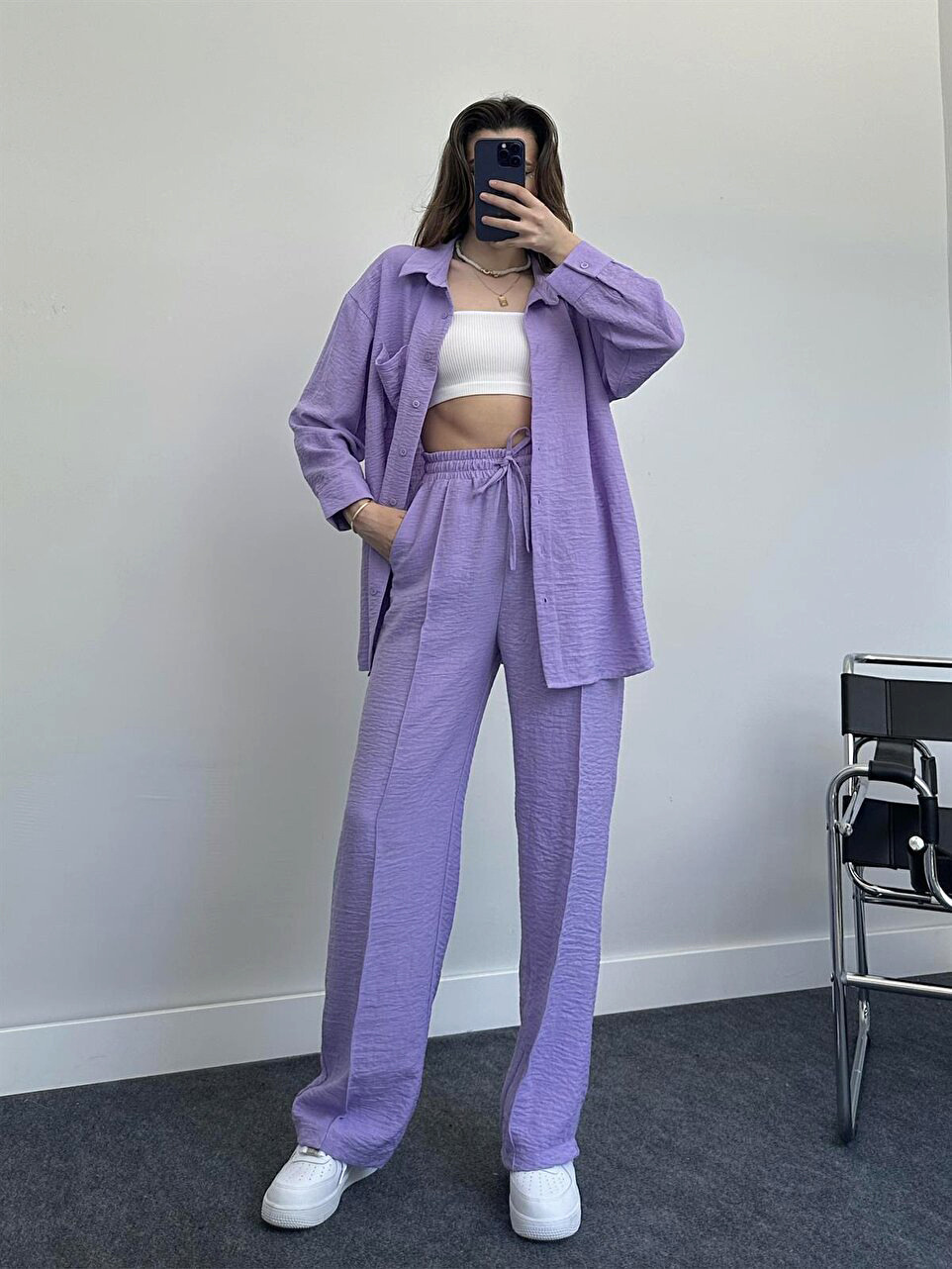 Conjunto de dos piezas para mujer camisa holgada y pantalón_voghion.com