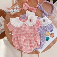 夏装新款韩版婴幼儿可爱花朵娃娃领半袖连体衣宝宝包屁爬服送发带