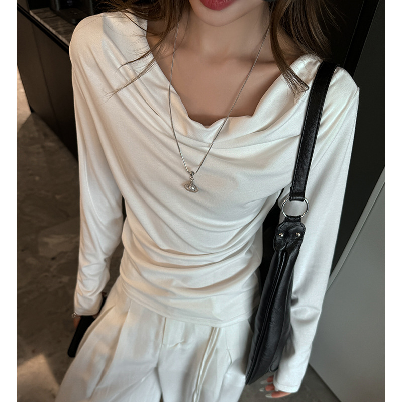 Early Autumn Slouchy Collar Long-Sleeve T-Shirt for Women, Slim Fit, Regular Shoulder Design, Unique White Outerwear with Swung Collar Top