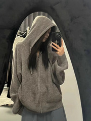 HUOTONG秋冬季慵懒高级感针织开衫外套韩系浣熊绒灰色连帽毛衣女