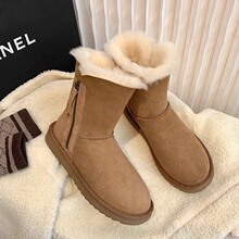 羊皮版雪地靴女2024冬季羊皮毛一体加绒加厚中筒毛毛薄底拉链棉鞋