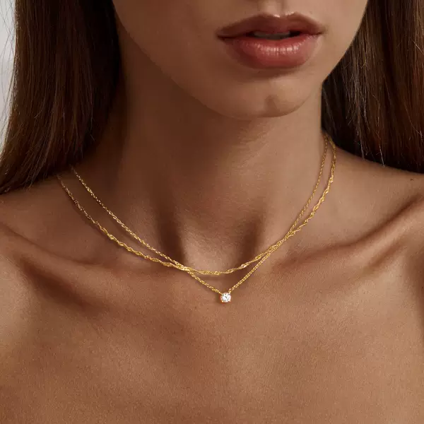European and American Cross-border Hot Sale Double Layer Copper Plated 18K Gold Square Crystal Zircon Necklace Water Ripple Necklace Light Luxury All-match Neck