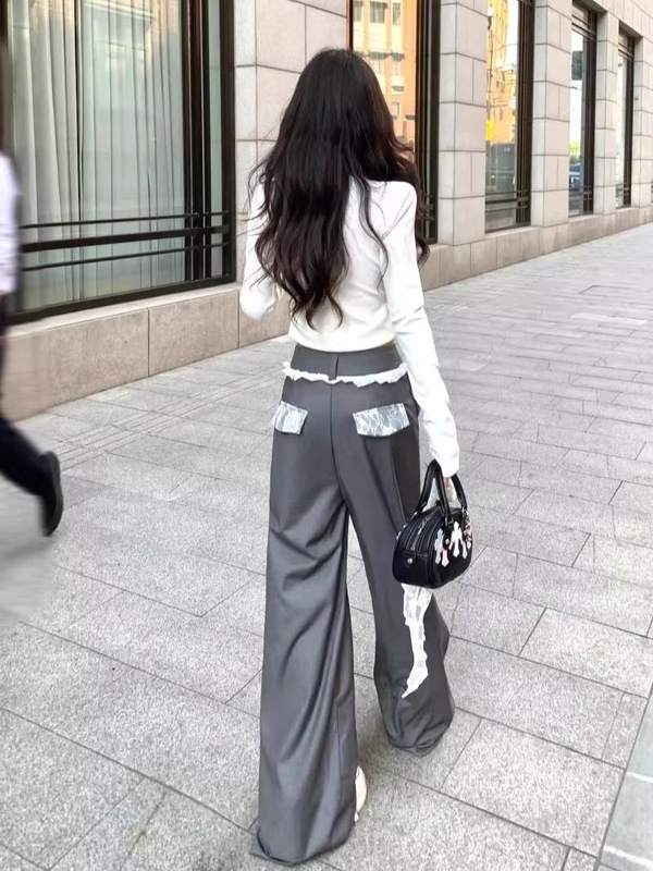 灰色高级感西装裤女春季设计感蕾丝拼接高腰宽松阔腿直筒拖地长裤|undefined