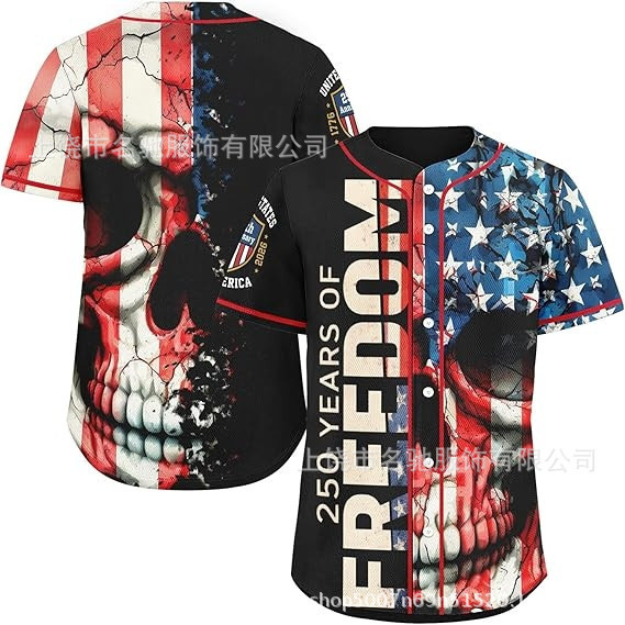Cross-Border Usa Independence Day Baseball Shirt with Statue of Liberty and Stars and Stripes Print, Short-Sleeve Zip-Up Baseball Uniform in Stock Cross-Border Usa Independence Day Baseball Shirt with Statue of Liberty and Stars and Stripes Print, Short-Sleeve Zip-Up Baseball Uniform in Stock