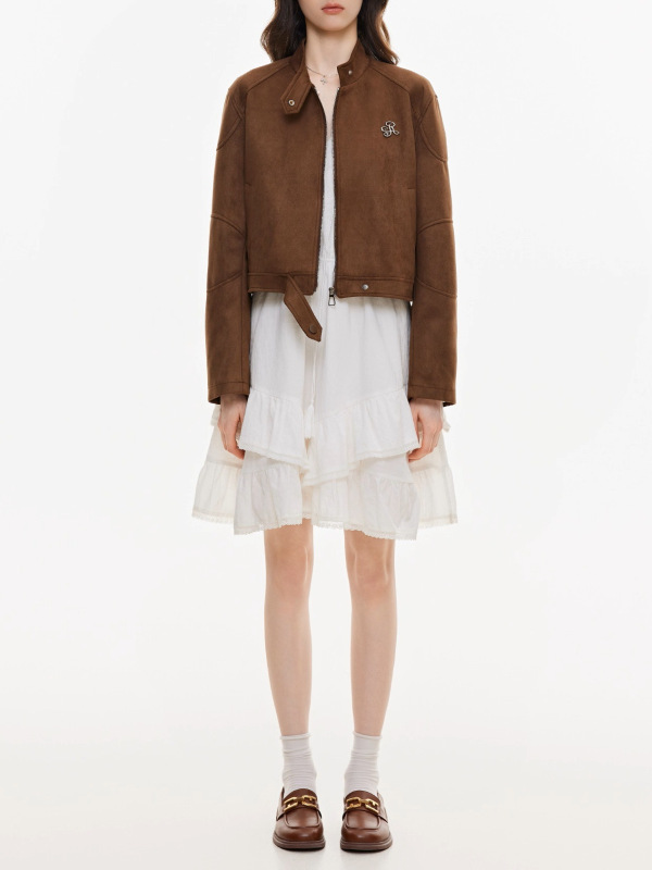 金属标复古麂皮绒外套女春秋新款短款飞行服夹克上衣服|undefined