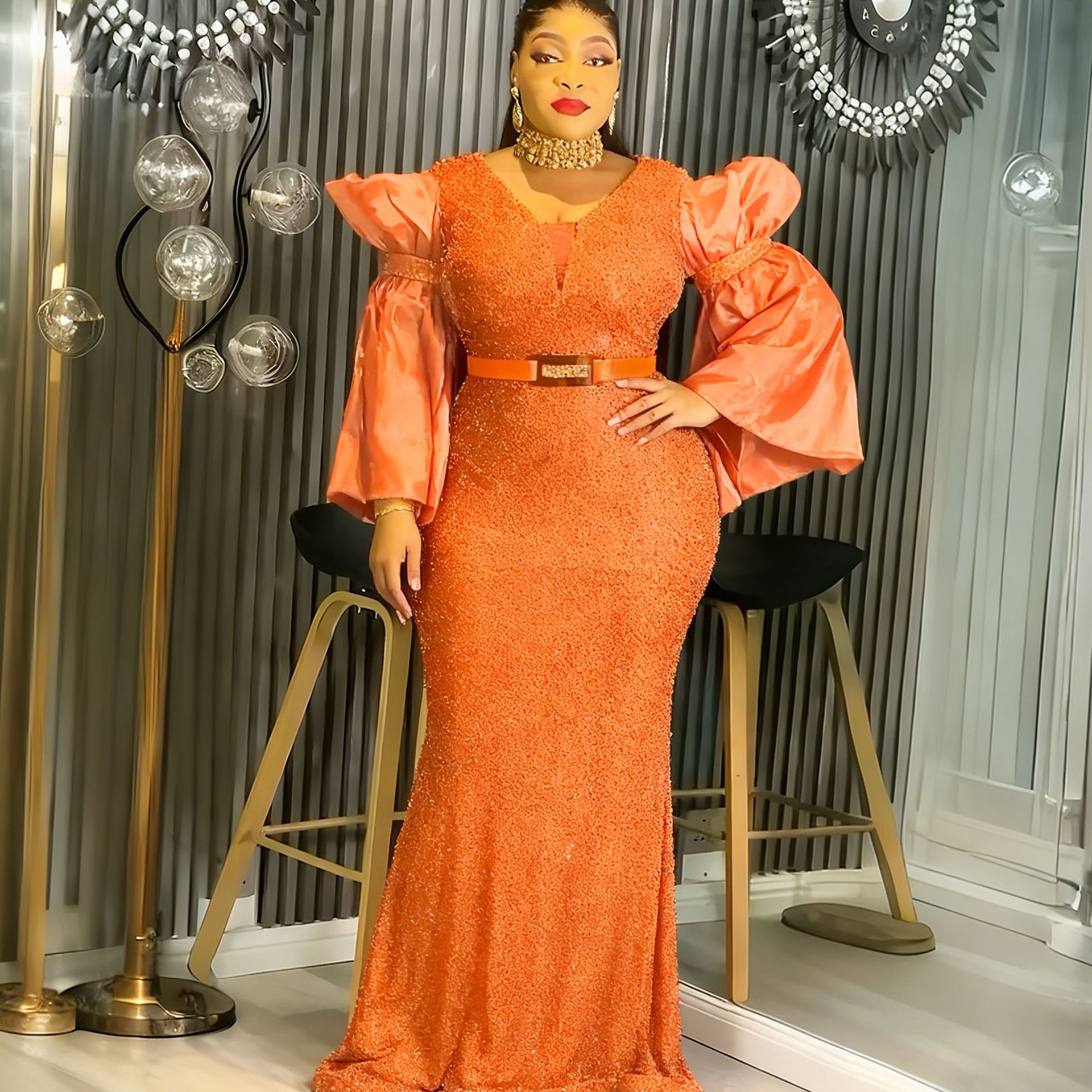 Women's Clothing Spring New V Neck Dress, Gold Fitted Waist, Puffy Sleeves, Courtly Retro Style, Elegant Long Evening Gown_ecoleips.com